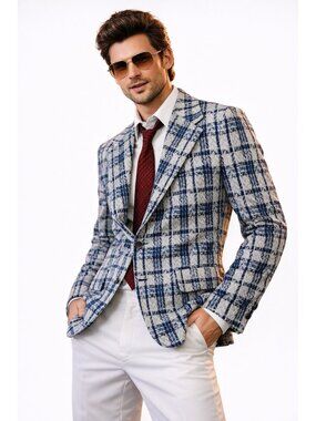 vintage 70s PLAID POLYESTER BLAZER jacket blue 38S disco retro wide lapel groovy